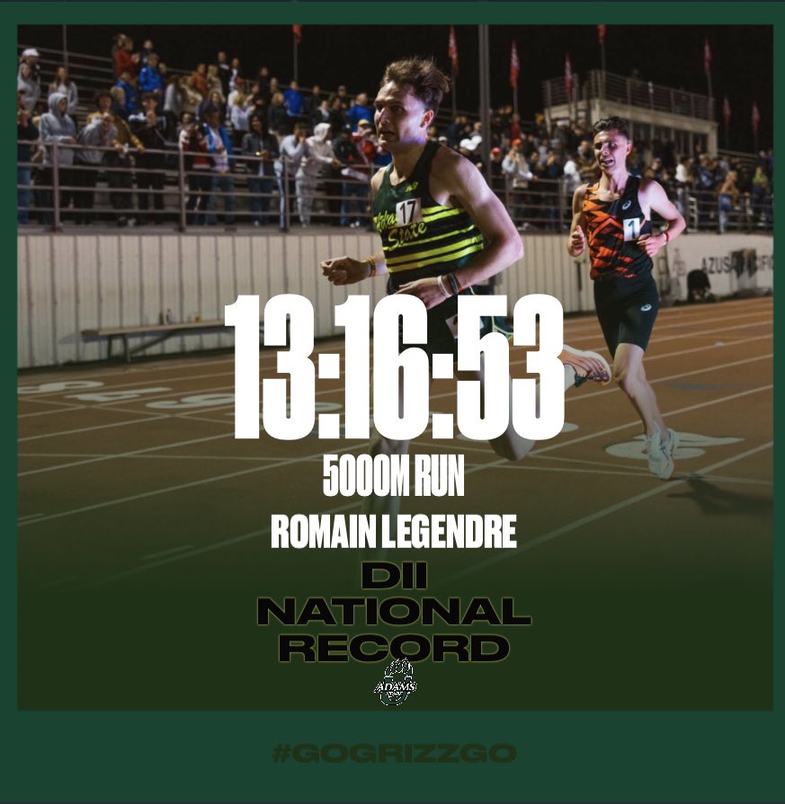 🚨NEW RECORD🚨 Romain Legendre ran a 13:16:53 in the 5000M run, creating a new DII National Record! Congrats Romain! #GoGrizzGo