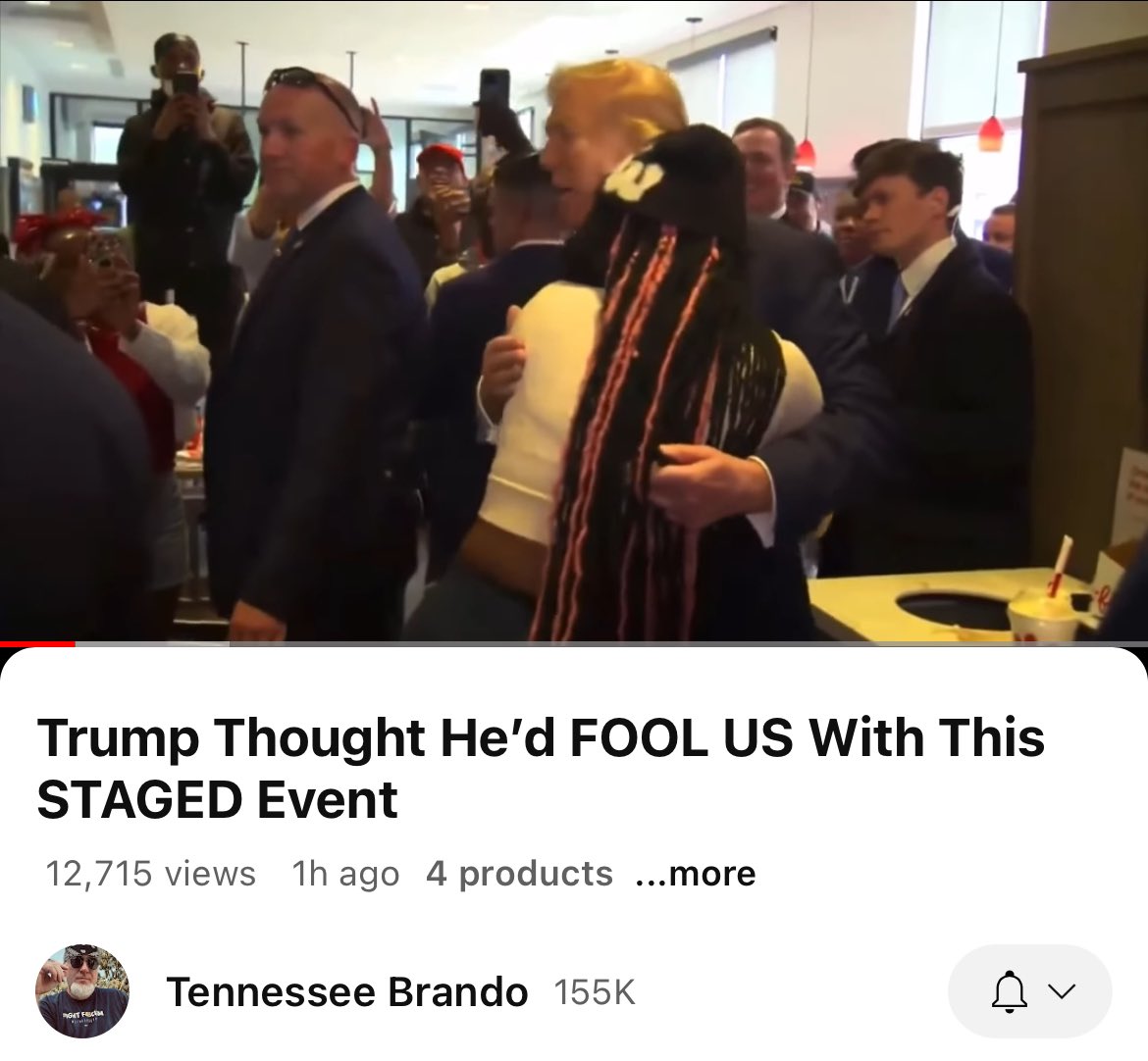 Suggest Tennessee Brando @MeidasTouch exposing #trump staged fast food event w a black women who works for Charlie Kirk a religious fanatic 

youtu.be/wZ6X8xTYXjk?si…

This is his strategy to convince his base that black Americans love trump .. true narcissistic deception

#FAM46