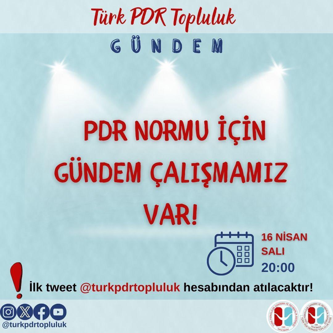 Türk PDR Topluluk Ekibi olarak ; PDR Norm Yönetmeliğinin revize edilmesi için 16 Nisan Salı 20.00 da gündem çalışması yapacağız.Meslektaşlarımıza duyurulur @mesutyldrm_pdr @akcesmehmet @PFurkanden