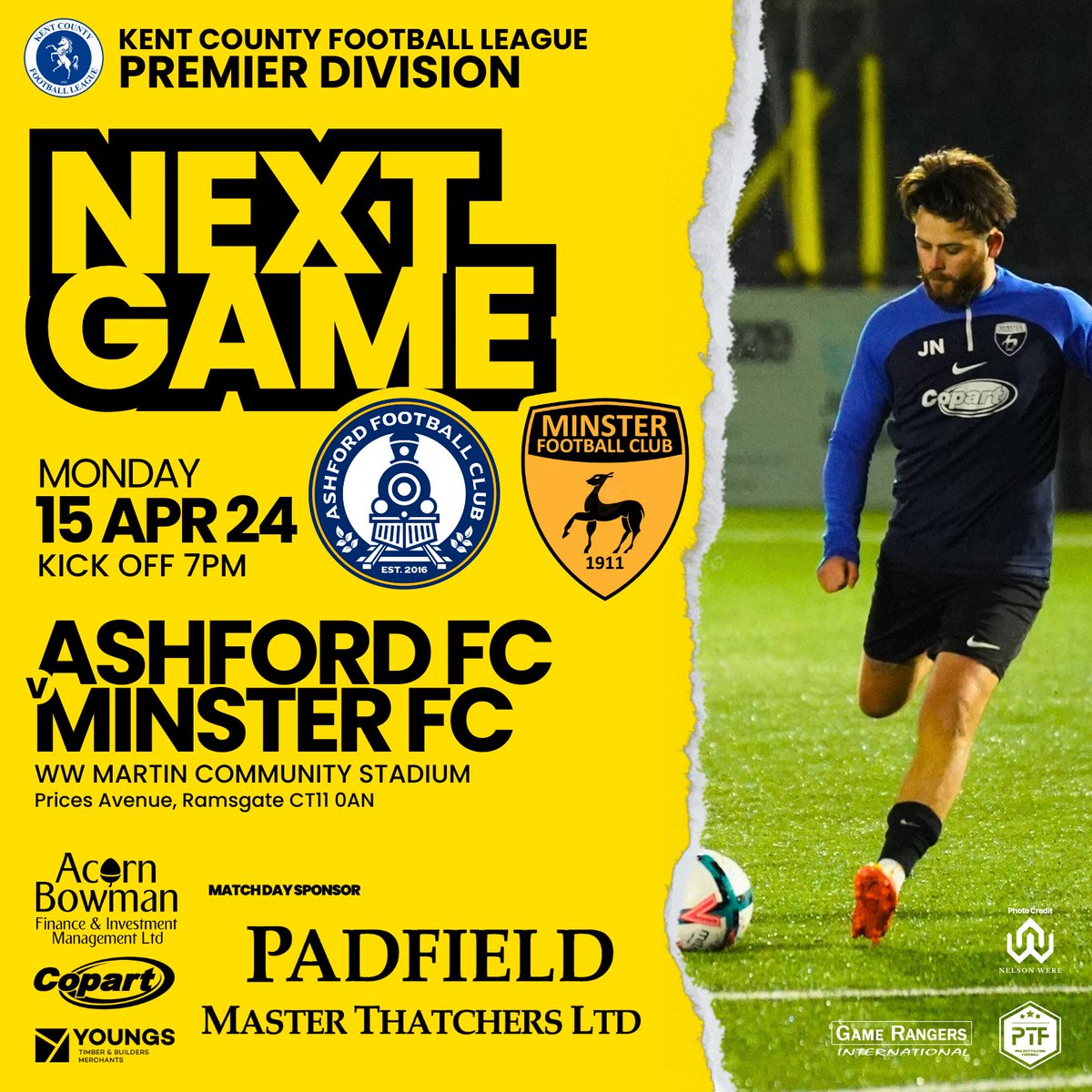 FIRST TEAM : NEXT GAME
 🆚 @Ashford_FC2016
🏆 @KCFL1516 Premier Division
📅 MONDAY NIGHT 15 APR 24
⏰ 7pm Kick off 
🏟️ Southwood Stadium 
📍CT11 0AN

It's an away game for us!
@mjpadfield Master Thatchers
#AcornBowmanFinance
@CopartUKLimited
#YoungsTBM
#grassrootsfootball #mcmxi