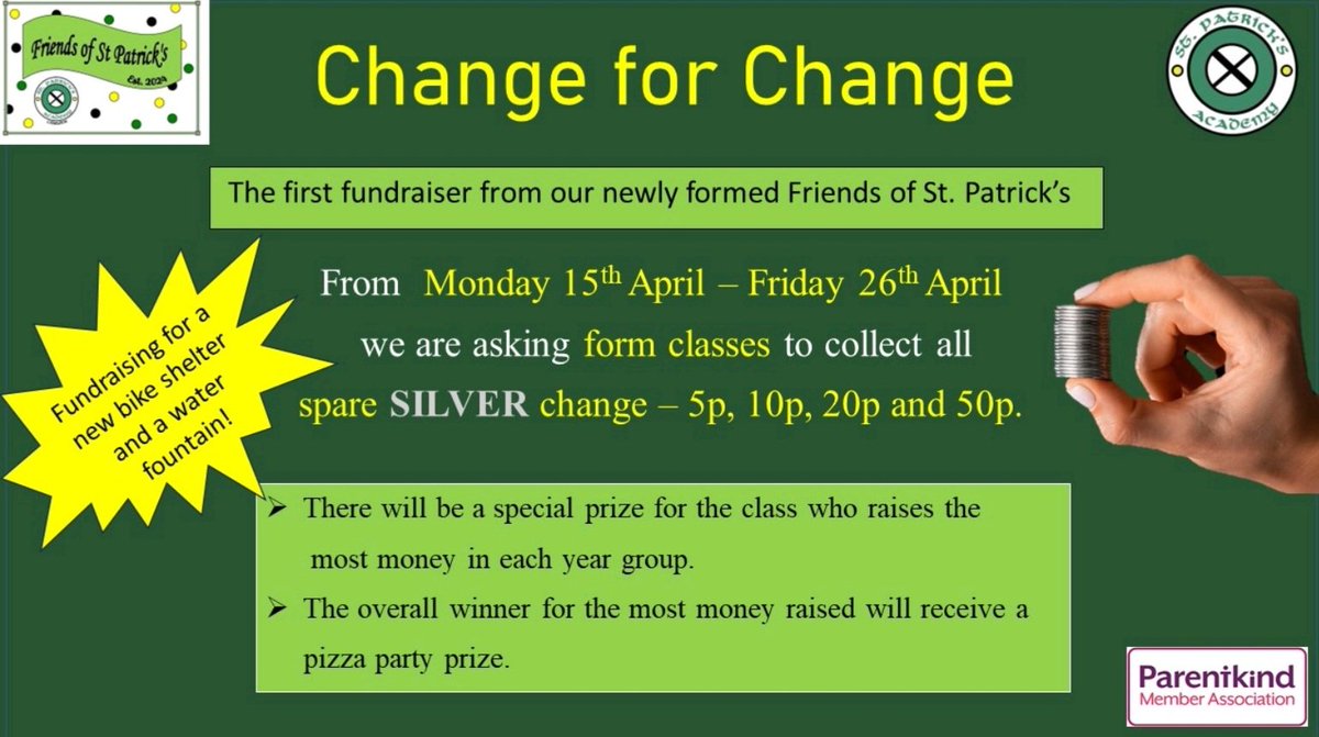 🟢🟡➡️Reminder 

Our 𝘾𝙝𝙖𝙣𝙜𝙚 𝙛𝙤𝙧 𝘾𝙝𝙖𝙣𝙜𝙚 fundraising challenge starts tomorrow! Throw some loose change into your school bags now 🤞🏻🤞🏻🤞🏻

What class will win that ultimate pizza party prize? 🤔🍕