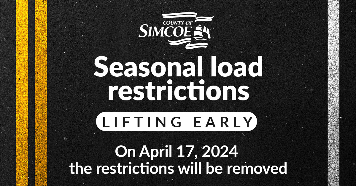 🚛 Good news! Our seasonal load restrictions 🚧 on County roads are ending early this year! Starting April 17, load restrictions on County roads will be removed. #Thankyou to our community & partners for helping us maintain our road network! #RoadMaintenance #simcoecounty