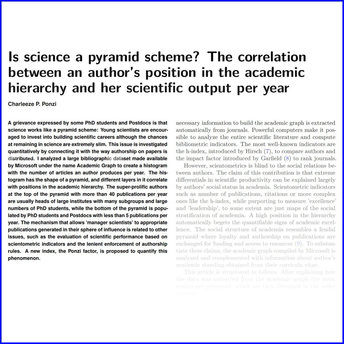 Is science a pyramid scheme? The correlation between an author's position in the academic hierarchy and her scientific output per year buff.ly/3xzrqX5