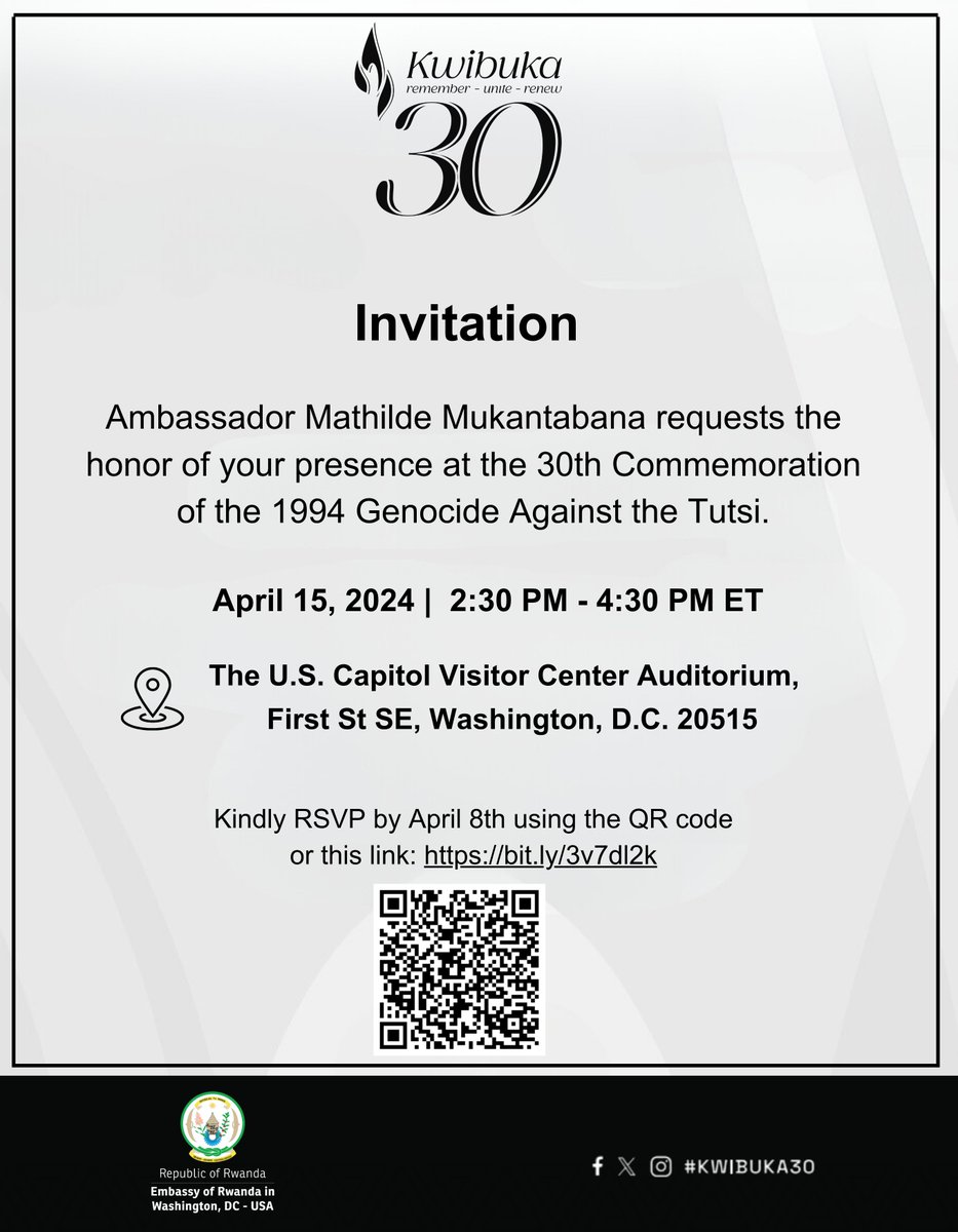 Join us tomorrow in Washington D.C. as we mark the 30th commemoration of the 1994 Genocide Against Tutsi in #Rwanda . #Kwibuka30 RSVP at: bit.ly/3v7dl2k