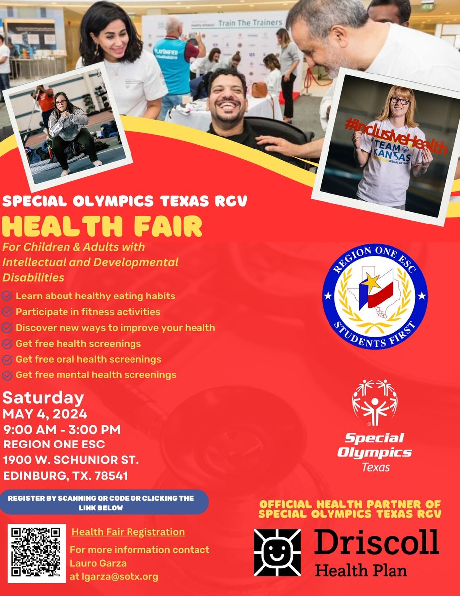 🚨 Get free access to health screening for children and adults with intellectual and/or developmental disabilities at the Special Olympics Texas RGV Health Fair. ✅ Register at ow.ly/7hW850Rekxt. #inclusivehealth #956rgv