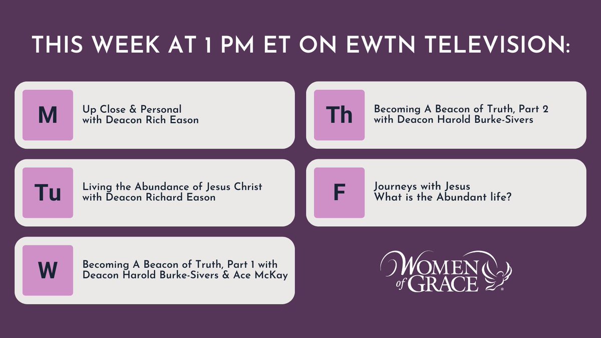 Watch these #WomenofGrace TV programs on #EWTN this week with special guests Deacon Richard Eason, Deacon Harold Burke-Sivers, and Ace McKay. Watch live: ewtn.com/tv/watch-live/… @deaconharold