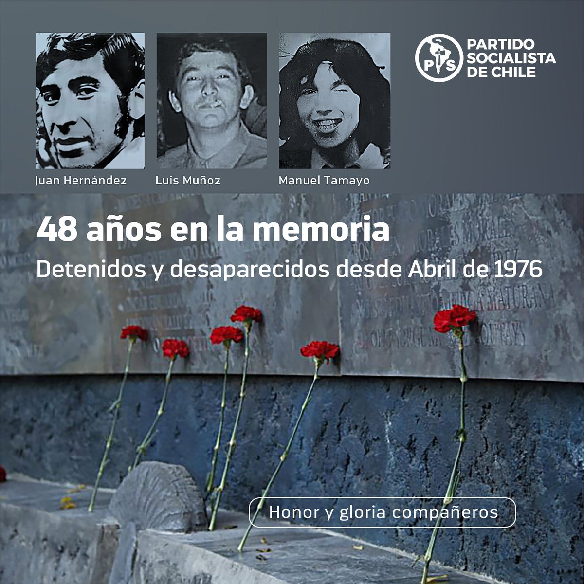 Hace 48 años desaparecieron 3 jóvenes socialistas: Juan Hernández, Manuel Tamayo y Luis Muñoz. Detenidos en Argentina, se les trajo a Chile, vistos en Villa Grimaldi nunca más se supo de su paradero. Todos eran dirigentes estudiantiles. Honor y gloria a los compañeros.