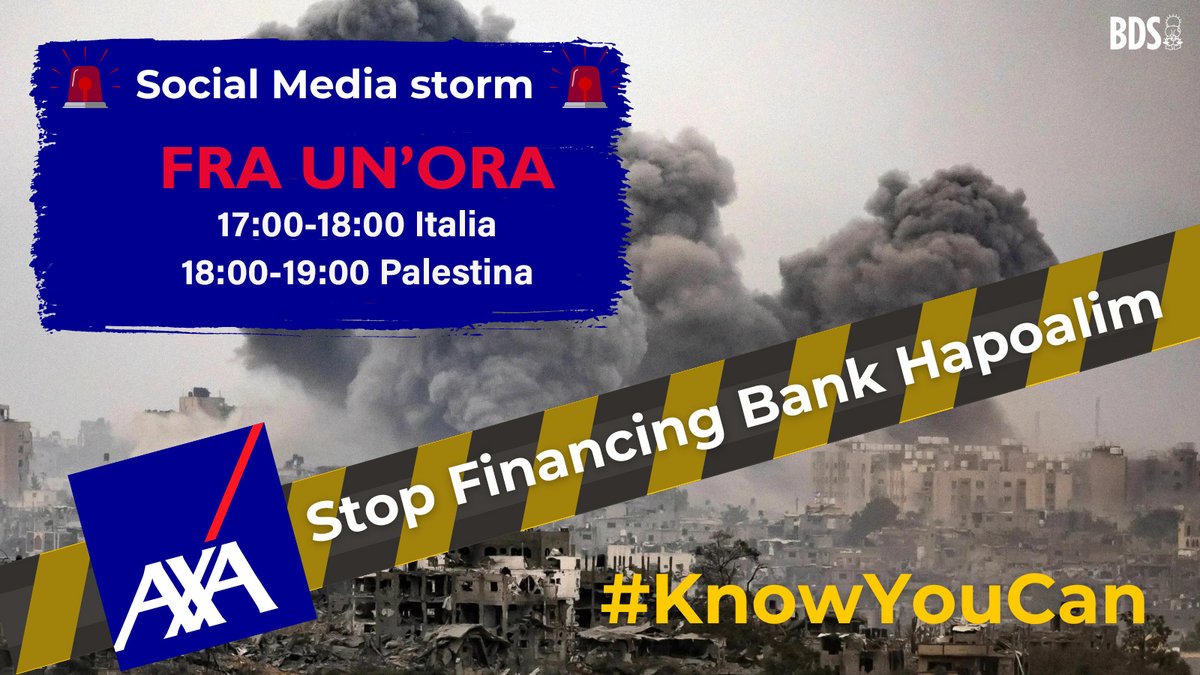 🚨TRA UN’ORA🚨
Unisciti a noi TRA UN’ORA per un Twitterstorm che denuncia le politiche ipocrite di @AXA sugli investimenti etici e sui diritti umani nel mezzo del #GazaGenocide di Israele e in vista dell'#AXAAGM24.