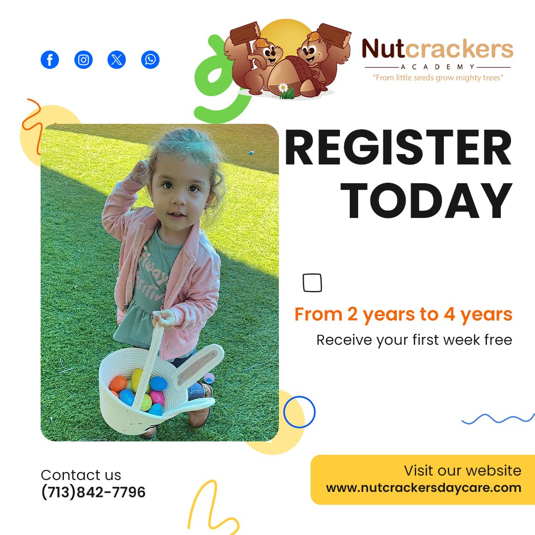 🌟 Give your child the best possible start in life with quality daycare services that prioritize their well-being and development. 🌱📚 
Schedule Tour 
📞 (713) 842-7796 
📍 8128 Braewick DR. Houston, TX 77074 
nutcrackersdaycare.com 
#EarlyEducation #HoustonLearners