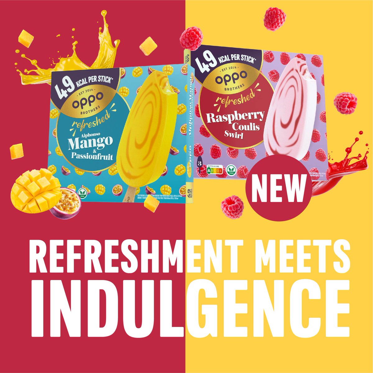 🥭 NEW 🥭 OPPO REFRESHED! Fruity refreshment of sorbet smashed together with the creamy indulgence of ice cream. Made with the finest premium ingredients and a HIGH fruit content 🍦 you won't believe it's ONLY 49 KCAL PER STICK and vegan 🌱 shop now via @gopuff 🛍 #IndulgeInLife