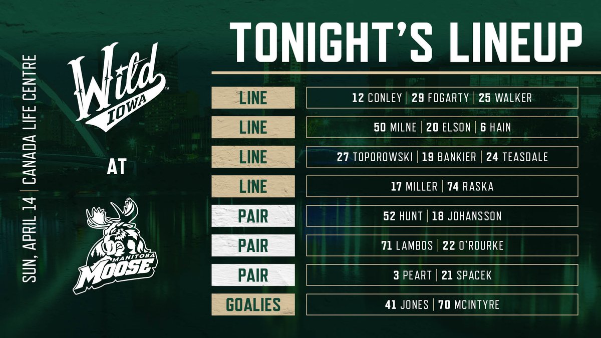 IAWild's tweet photo. here are your lines for some sunday afternoon hockey.
Butcher is in as the seventh defenseman.
#ItStartsInDSM | #IAvsMB https://t.co/L9nIcpxGfq