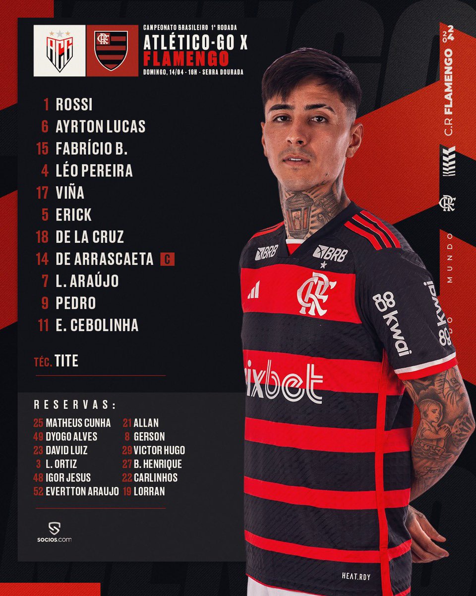 Flamengo's tweet photo. NOSSO TIME É A GENTE EM CAMPO! O MENGÃO ESTÁ ESCALADO PARA ENFRENTAR O ATLÉTICO-GO, PELO @Brasileirao!

#VamosFlamengo #ACGxFLA https://t.co/fKfcUkeBiw