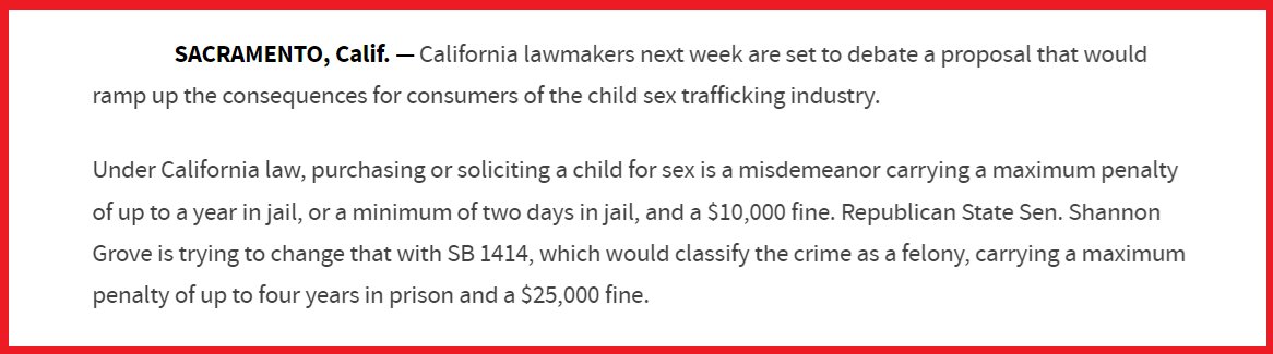 ALERT: Purchasing a child for s-x is a misdemeanor in California, carrying a maximum sentence of a year in jail. -KRC NBC ❌ 'Purchasing or soliciting a child for s-x is a misdemeanor carrying a maximum penalty of up to a year in jail, or a minimum of two days in jail.'