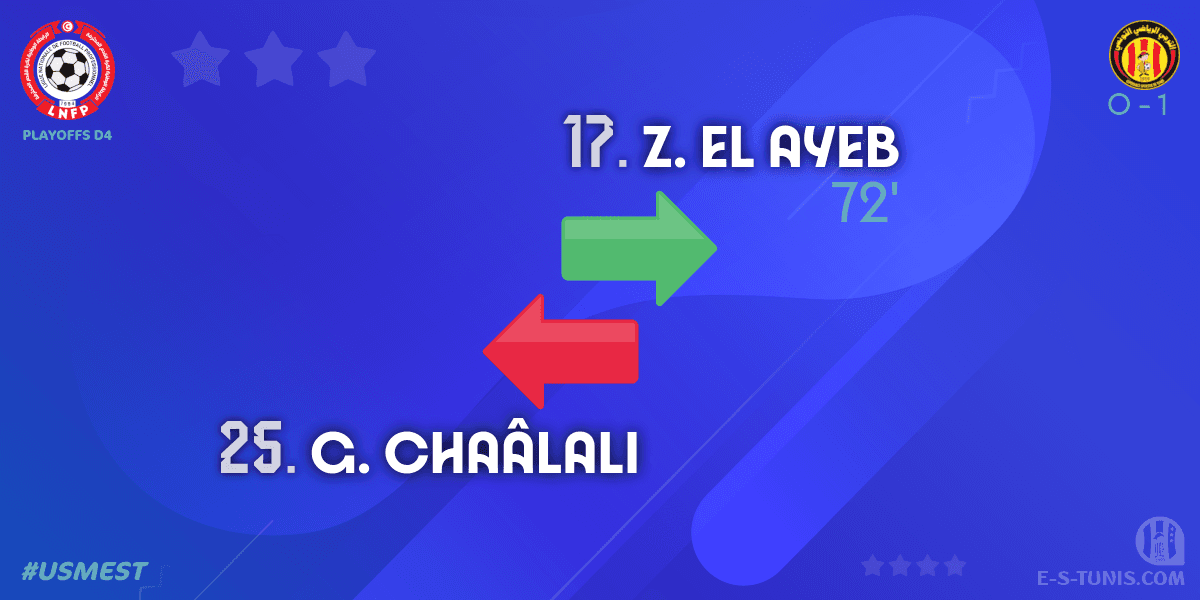 ⏱ 73' | #Ligue1Tn🇹🇳 PlayOffs D4 #USMEST | #USMonastir 0⃣-1⃣ @ESTuniscom : 🔁 Substitute : Z. El Ayeb IN, G. Chaâlali OUT (EST) / تغيير / Changement