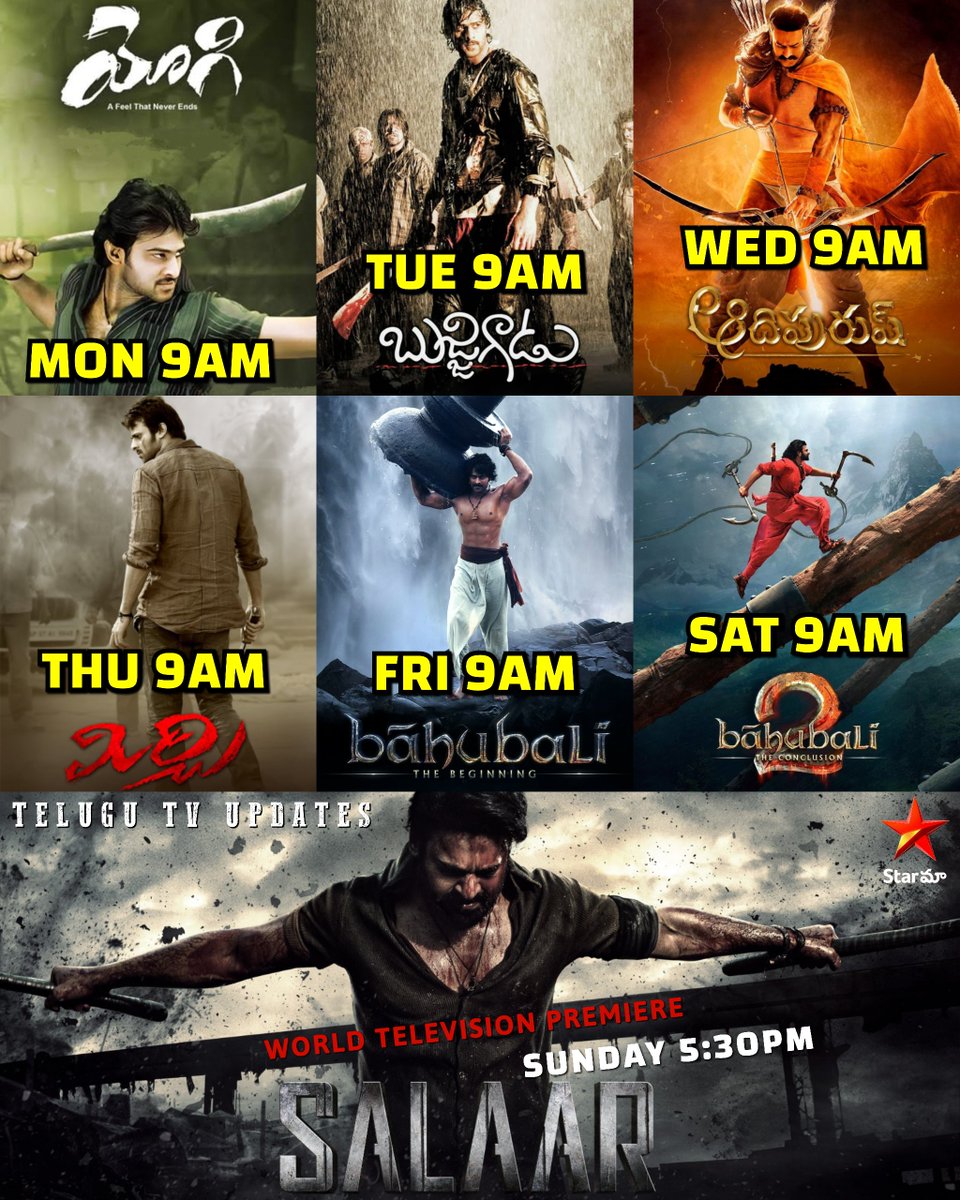 This Week Rebel Star #Prabhas Movie Fest on #StarMaa 

#Yogi #Bujjigadu #Adipurush #Mirchi #Bahubali1 #Bahubali2 &

World Television Premiere of #Salaar Sunday at 5:30pm

#Kalki2898AD
