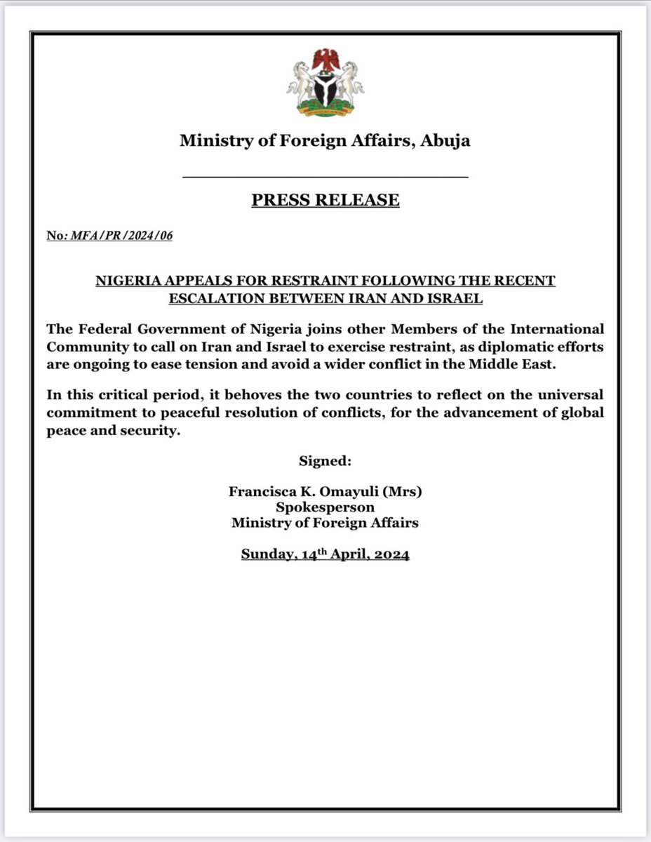Ministry of Foreign Affairs, Abuja ________________________________ PRESS RELEASE