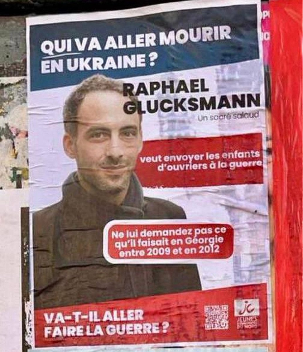 🎯LES JEUNES COMMUNISTES DÉMASQUENT À LEUR TOUR L'AGENT AMÉRICAIN GLUCKSMANN
De plus en plus d'électeurs ont compris que
1-son CV (conseiller de Saakachvili, mafieux CIA en Géorgie) 
2-ses positions (ultra-pro🇺🇸🇺🇦🇮🇱)
prouvent que c'est un agent🇺🇸,promu par médias et faux sondages