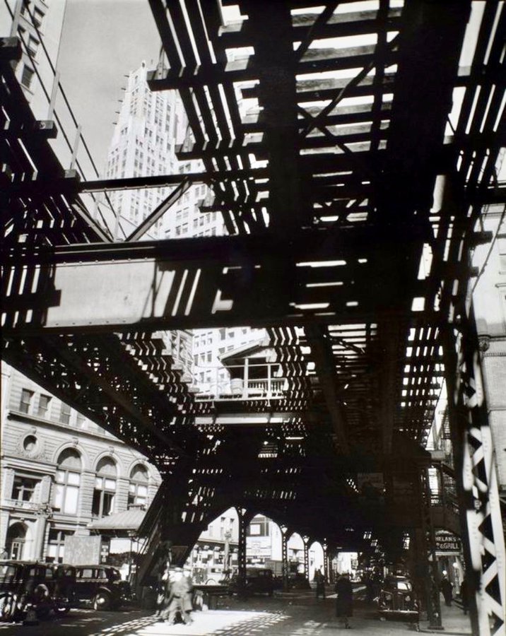 American photographer Berenice Abbott The El', Second and Third Avenue Lines, Hanover Square and Pearl Street, Manhattan. #Photography