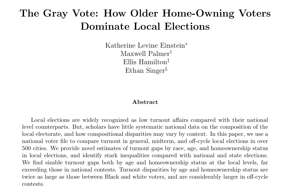 JakeMGrumbach's tweet photo. Important new paper. State &amp; local candidates are like "unlike those fatcats in DC, I'm close to the people" but lower level elections have the most unrepresentative electorates &amp; donors, lowest info, and are most influenced by money.

ungated: https://t.co/4nFC4vYmFB https://t.co/iYsNPj41ar
