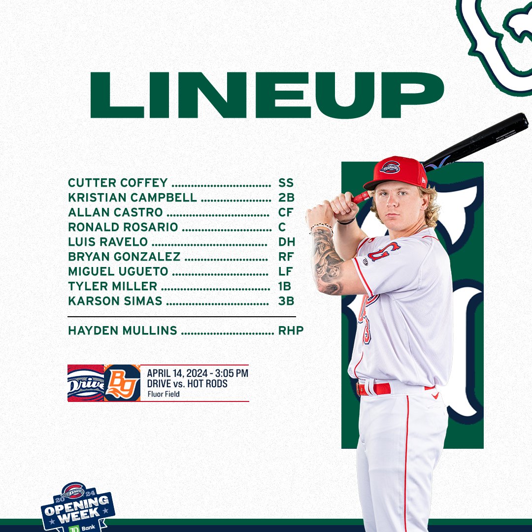 Sunday Greens for the Opening Week Finale. 

Drive vs. @BGHotRods 
Fluor Field | 3:05 p.m.

📺: BallyLiveApp or MLB.TV
📻: milb.com/greenville/fan…
🎙️: @DanScottShow (it's his birthday today!) and Tom Van Hoy