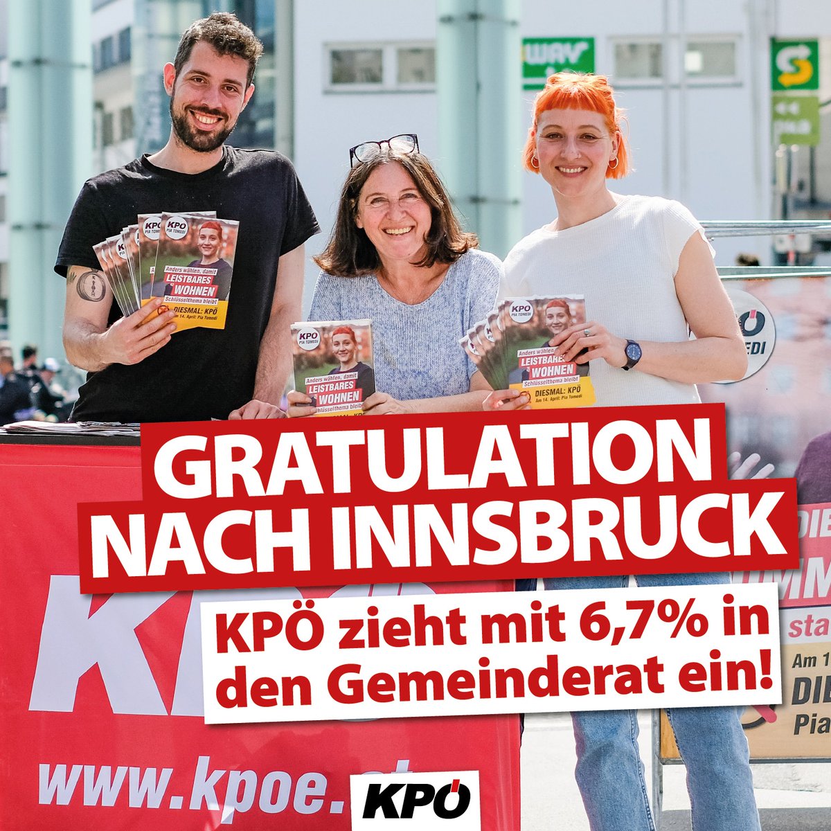 Unglaublich!!! Herzliche Gratulation an @piatomedi und ihr Team der #KPÖ #Innsbruck! Mit sensationellen 6,7 % gelingt der Einzug in den Gemeinderat. So kann's weitergehen!