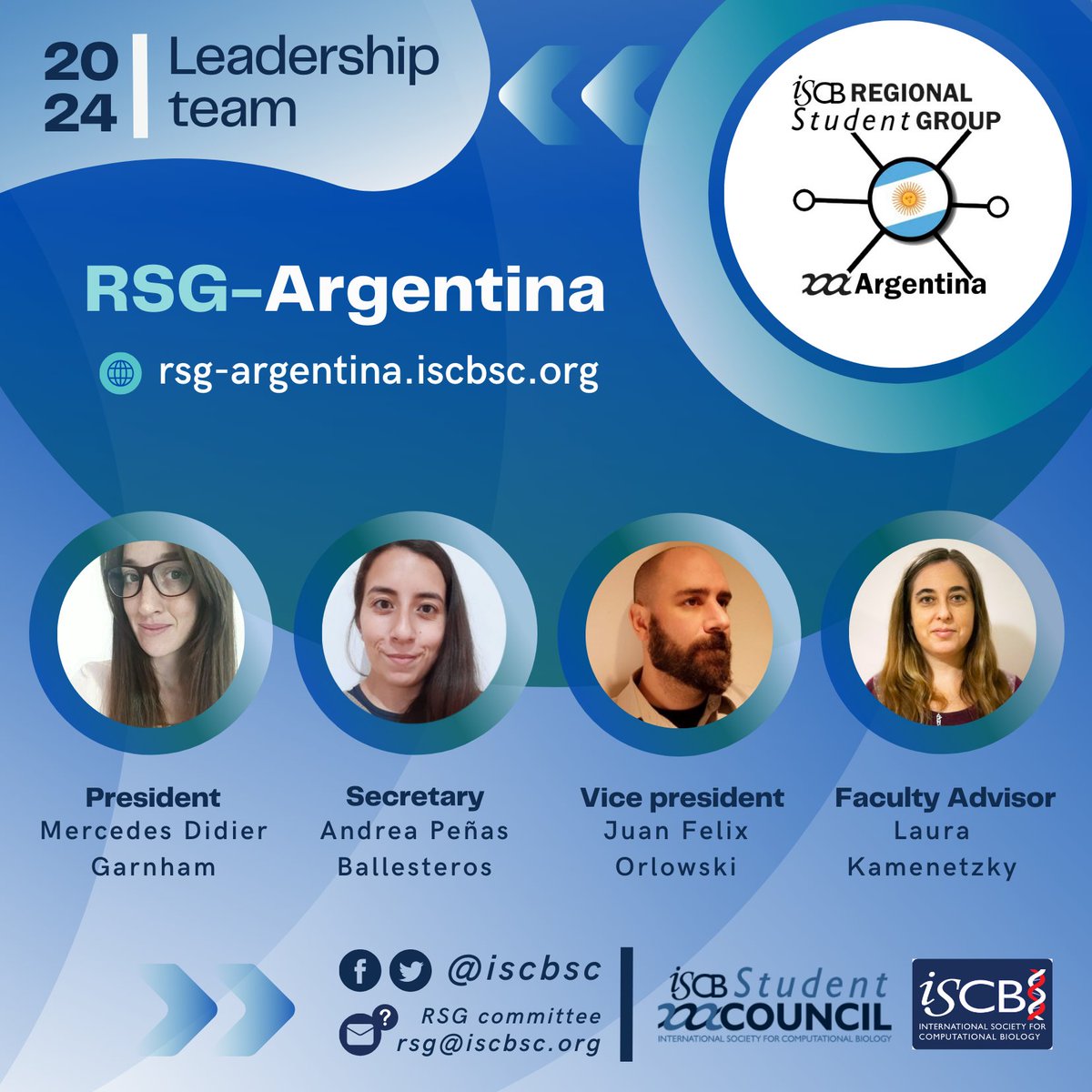 @pradeeperanti @iscbrsgchile @OliveraFuchris @ip_biohacker @ISCB_RSG_India @Govind_GRD @NikitaRay19 @manish_kr_udsc @ISCB_RSGPeru @CleidyOsorio @fab_cotera @davidr_requena @rsg_pak @FarahZulfiqar01 @haseebmanzoor99 #5 RSG-Argentina (@RSGArgentina) efforts for 2024 will be led by Mercedes Didier Garnham (President @MMDidierGarnham), Juan Felix Orlowski (Vice president @Unn_frid), Andrea Peñas Ballesteros (Secretary @AndrePeasBall), and their team, advised by Laura Kamenetzky (@LKamenetzky).