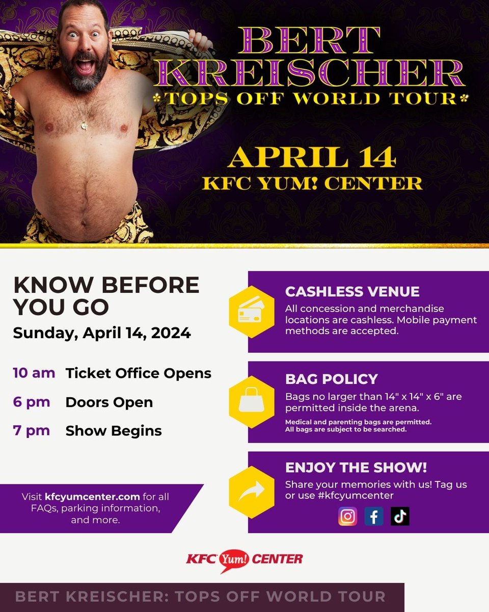 We can't wait to see you tonight at Bert Kreischer's Tops Off World Tour! 𝘒𝘯𝘰𝘸 𝘣𝘦𝘧𝘰𝘳𝘦 𝘺𝘰𝘶 𝘨𝘰! 😃 ℹ️: bit.ly/KFCYumCenterFA… 🎟️: bit.ly/BertKreischerY…