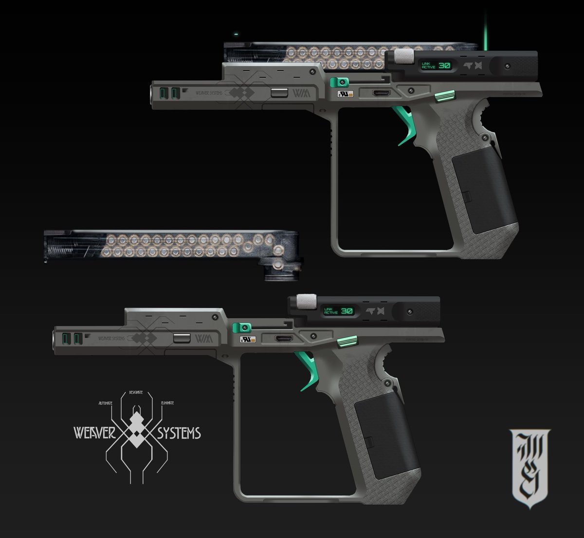 “Automate, designate, eliminate.” -Weaver Systems sales pitch Weaver Systems SA-12 smart machine pistol #conceptart