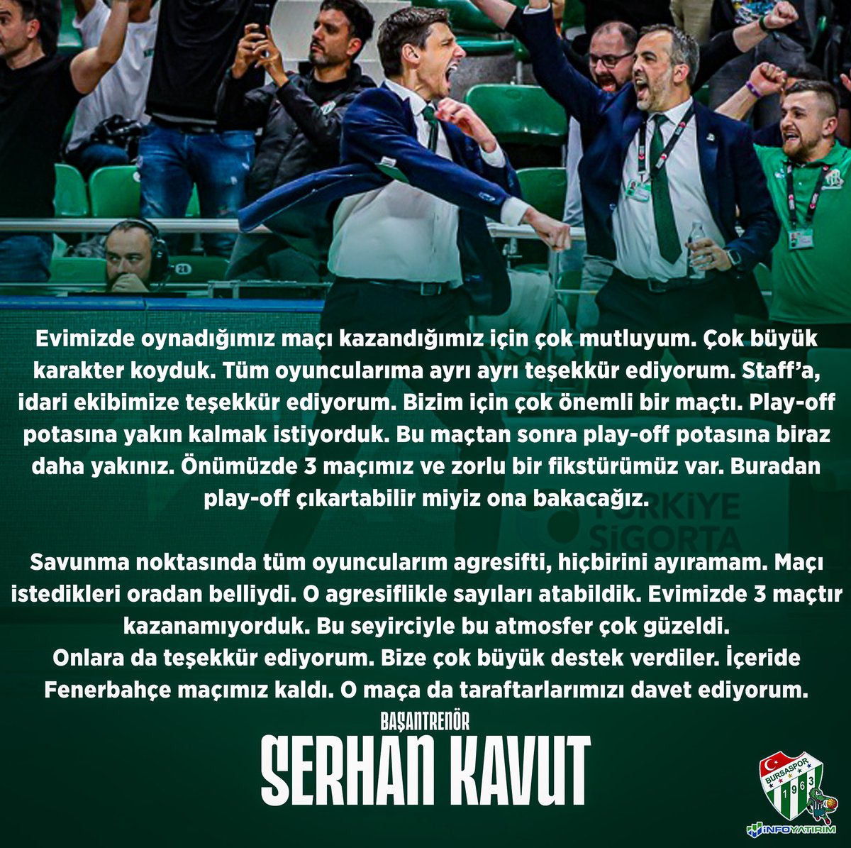 Sahamızda kazandığımız Manisa Büyükşehir Belediye Spor maçının ardından Başantrenörümüz Serhan Kavut açıklamalarda bulundu. #ŞehrininTakımı #Bursaspor