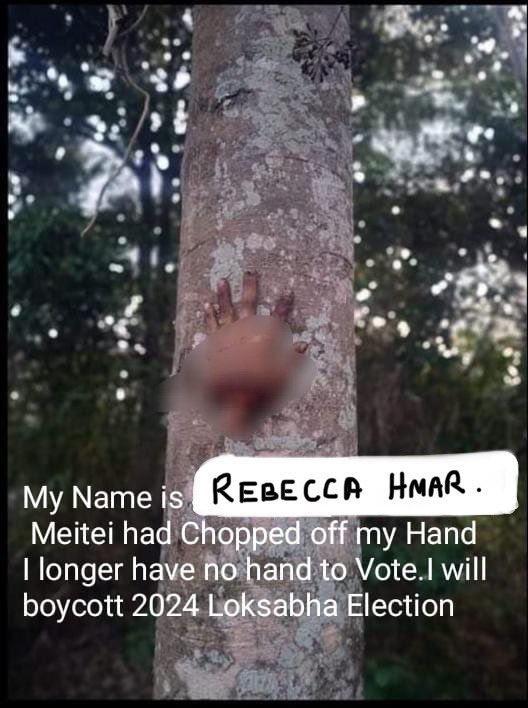 rebeccahmar_'s tweet photo. As a sign of solidarity to our fallen heroes, whose hand was chopped off in the recent attack by the #MeiteiMilitias, I, Rebecca Hmar, boycott the upcoming Lok Sabha 2024. We will not vote until justice is served to the #Kuki_Zo christians.
#manipur #ManipurViolence #ManipurViralVideo