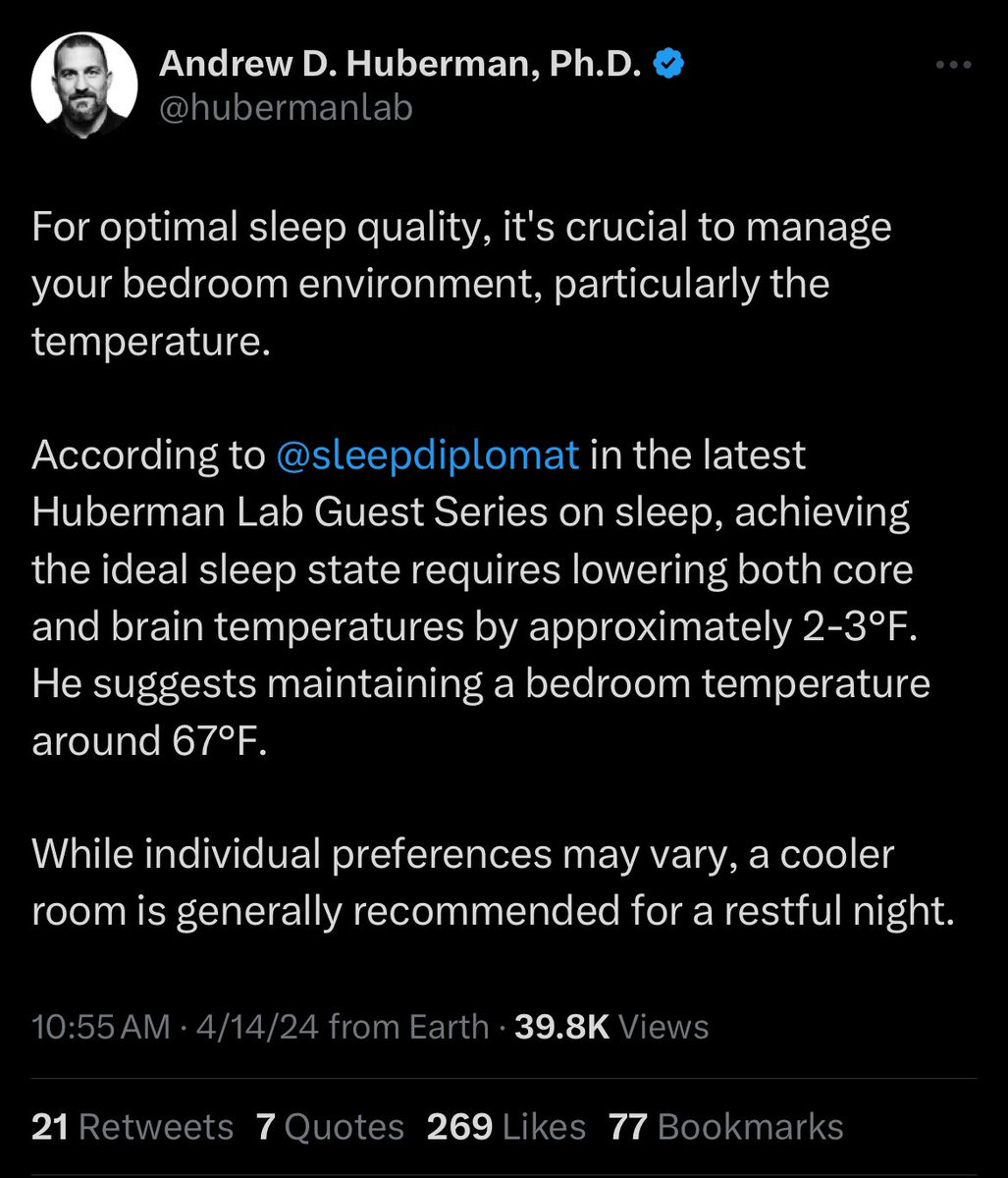 A mixture of reasonsable sleep advice with utter nonsense. Lower brain temperature by 3°F … um wut? Is this TTM? What a joke.