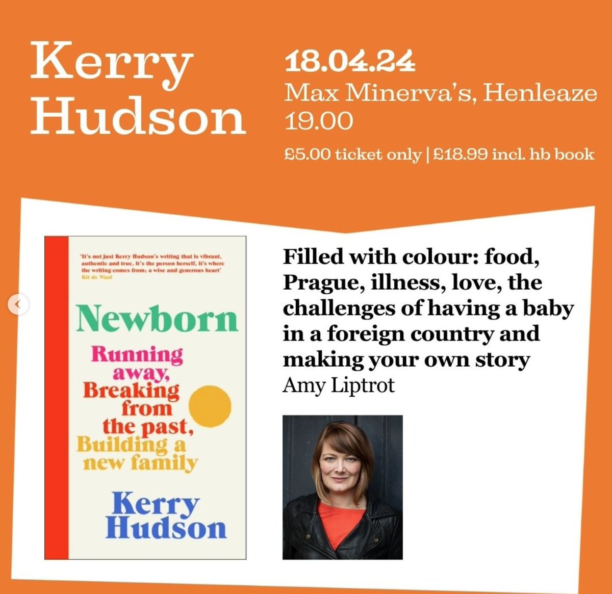 4 days until this at @maxminervas in Henleaze, Bristol. Come listen to @ThatKerryHudson discuss her brilliant new memoir NEWBORN: about becoming a mother after a traumatic childhood & having a baby in a foreign country IN THE MIDDLE OF COVID 🙃. 🎟️ maxminervas.co.uk/products/event…