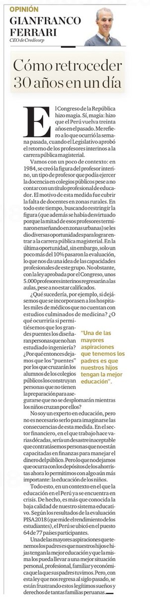 gferraridlC's tweet photo. Casi 5000 profesores que no aprobaron la evaluación para ingresar a la carrera pública magisterial regresarán a las aulas. ¿Los perjudicados? Todos, y sobre todo nuestros hijos. Comparto mi artículo al respecto. @elcomercio_peru https://t.co/wjSmL8oASy