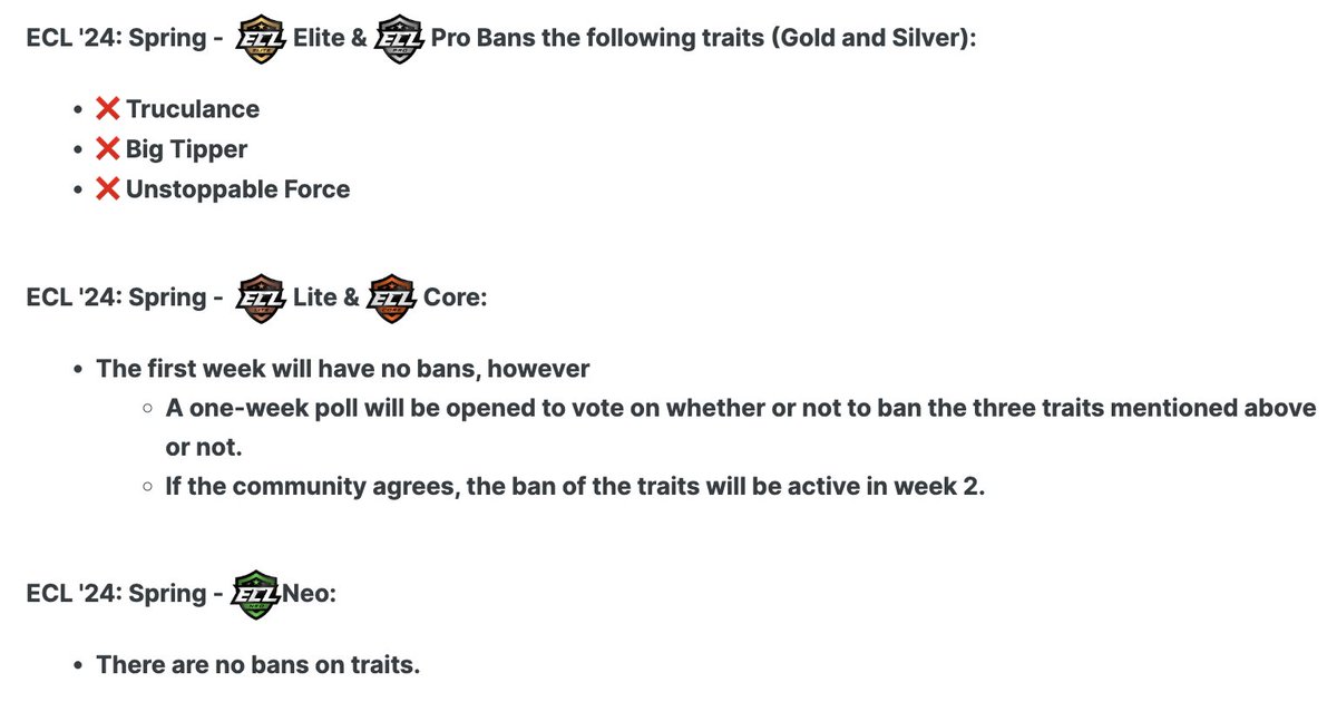 An update on the #ECL24Spring bans on traits:

Visit bit.ly/ECL24_Vote to take part in the vote.

#NHL24 #esports #eHockey #KouvolanLakritsi