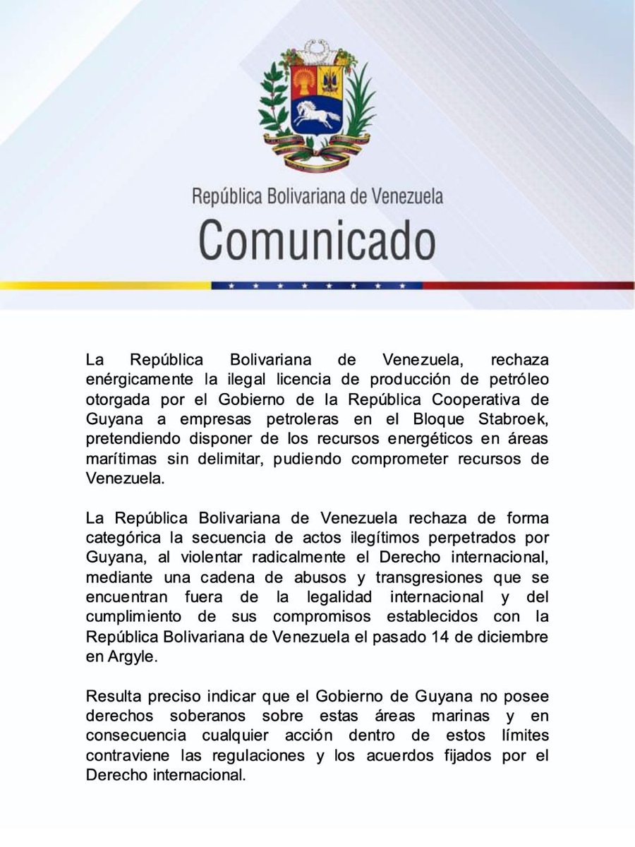 mippci_ven's tweet photo. #Comunicado📃| Venezuela rechaza la ilegal licencia de producción de petróleo otorgada por el Gobierno de Guyana a empresas petroleras en el Bloque Stabroek, pretendiendo disponer de los recursos energéticos en áreas marítimas sin delimitar.
#DaleConMaduro https://t.co/akPd8GvFni