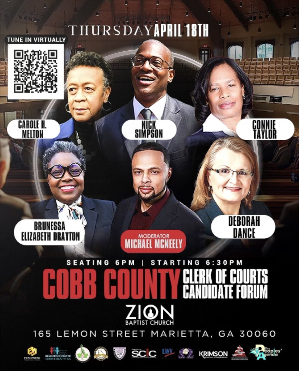 I will be moderating a Cobb County Superior Court Clerk forum this Thursday. Hope you will join us…. @cobbdemocracy #CobbCounty #CivicEducation #CommunityEngagement #Election2024 #D9 #GAPol