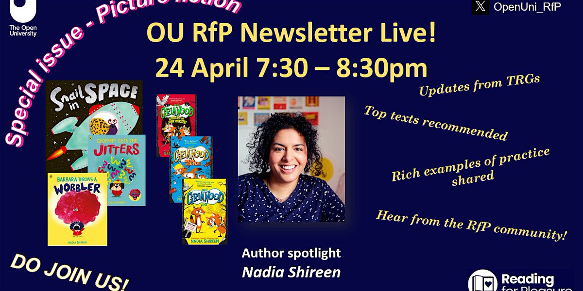 Really looking forward to the next @OpenUni_RfP Newsletter Live! Have you got your ticket yet? These are always so useful 📚 @NadiaShireen eventbrite.co.uk/e/reading-for-…