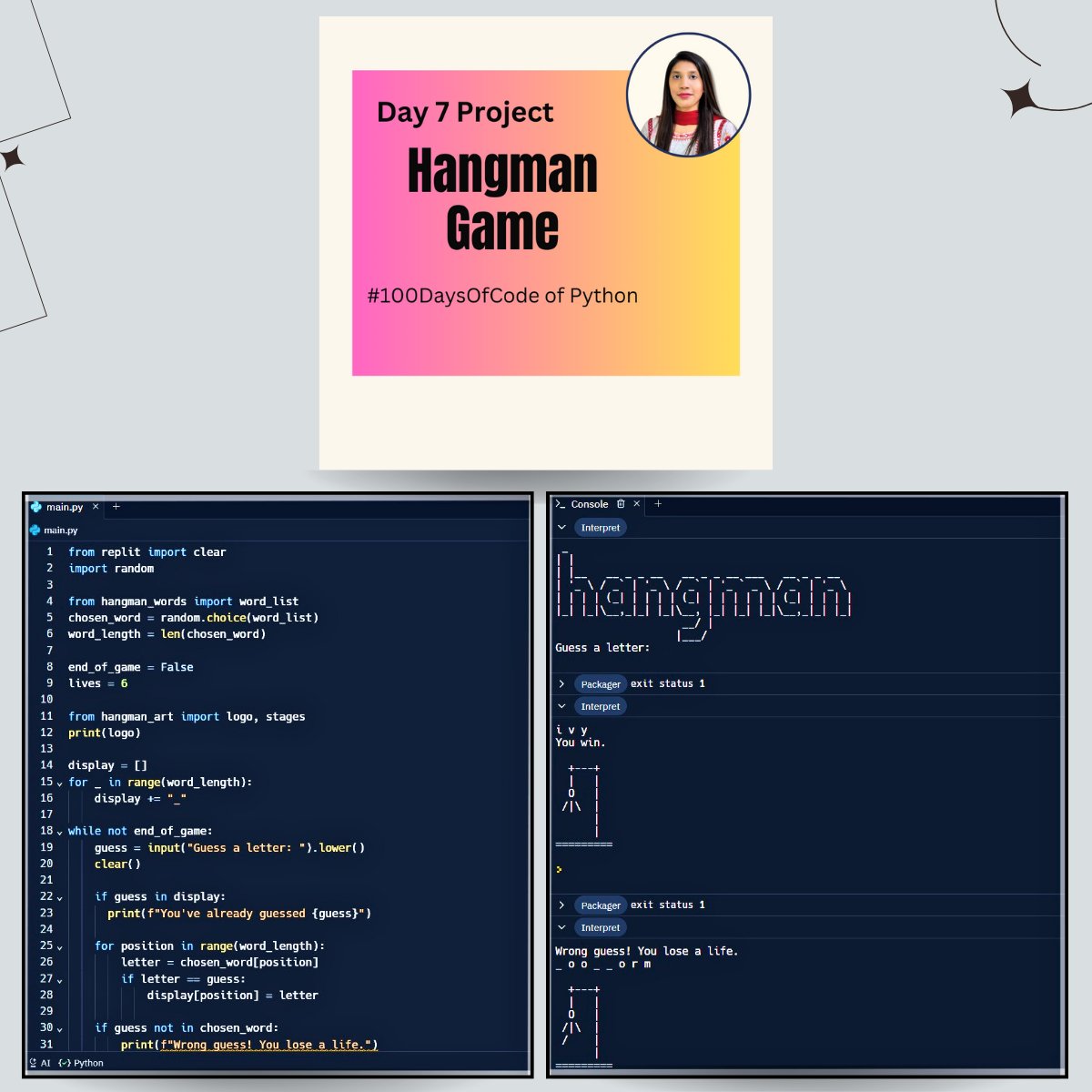 Day_257 of #365DaysofCode & Day_7 of Python with Instructor Dr. Angela Yu, Udemy.

🌟7th Project: Hangman Game🎯

✨Highlights:
-Flow Chart
-Modules
-Range & much more

LinkedIn: linkedin.com/in/faryal-waji…

#100DaysOfCode #100daysofcodepython #Python #buildinpublic #DevOps #udemy