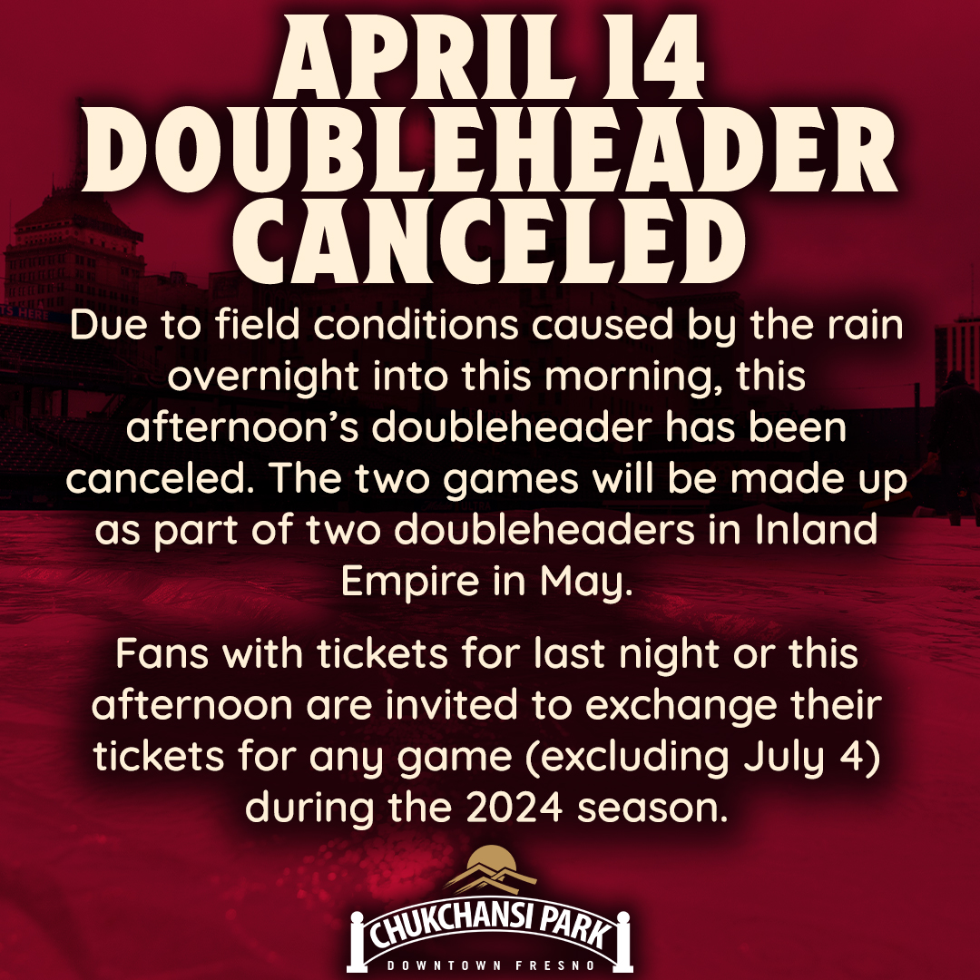 SCHEDULE UPDATE - Due to field conditions caused by the rain overnight into this morning, this afternoon’s doubleheader has been canceled.