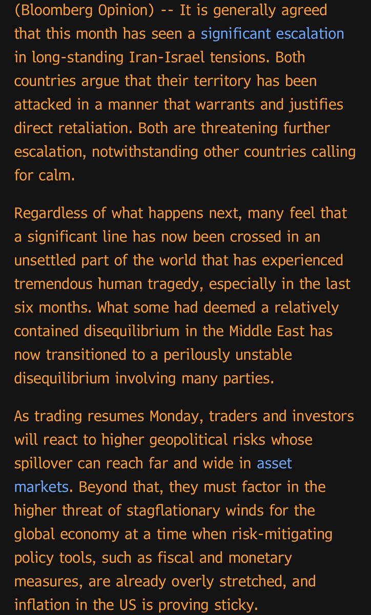 Some initial thoughts on the implication of the escalation of Iran-Israel tensions for the global economy and markets: bloomberg.com/opinion/articl… #economy #markets @opinion #econtwitter