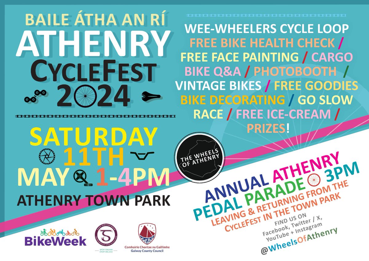 📣 Hear ye, hear ye...Athenry CycleFest 2024 will be kicking off #BikeWeek in County Galway on Saturday the 11th of May from 1 - 4pm in the Town Park!

We have a FREE &amp; fun filled programme planned, all the details can be found here... fb.me/e/56Il8Gt8b

See you there! 💚