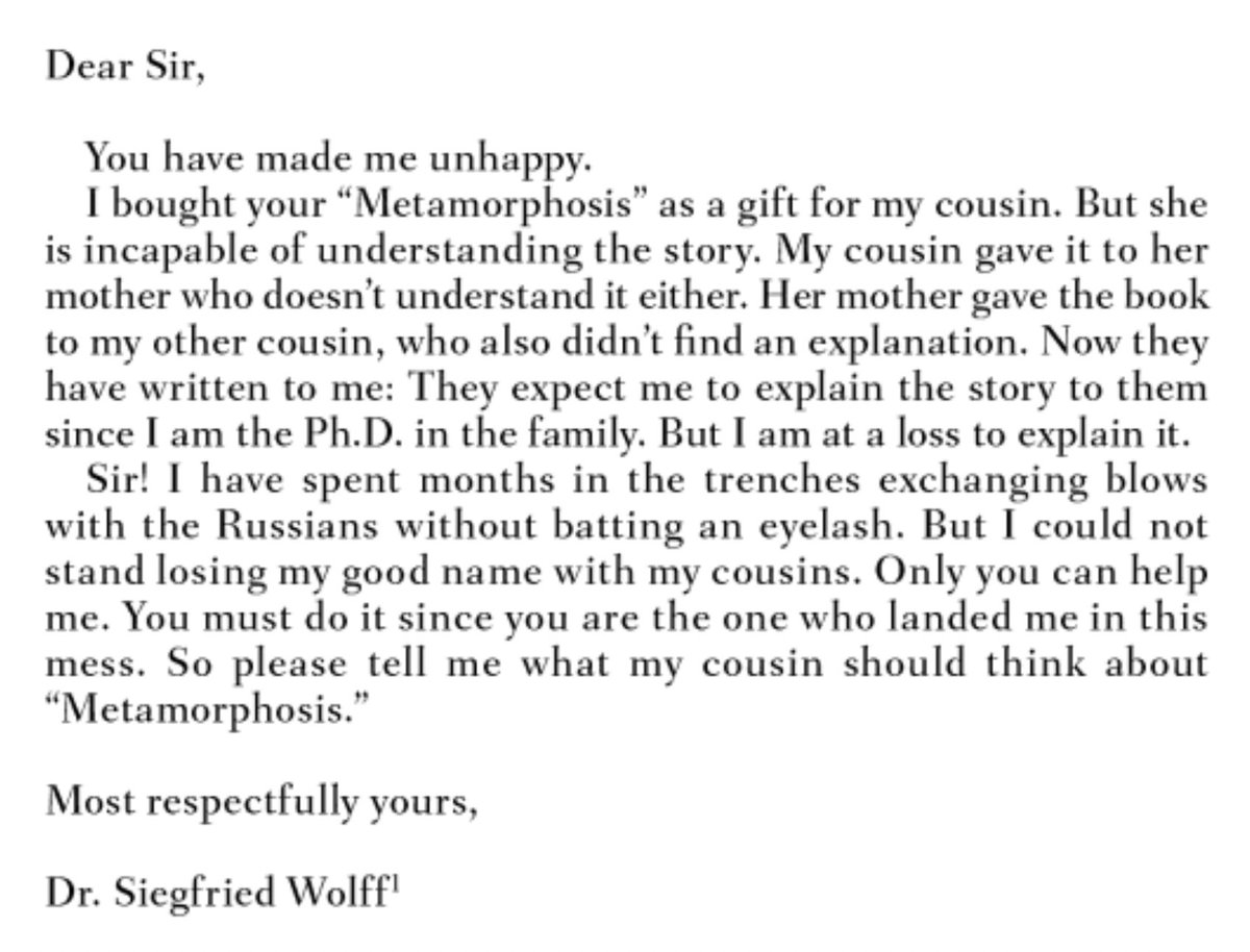 Kafka gets angry mail from Mr. Ph.D.