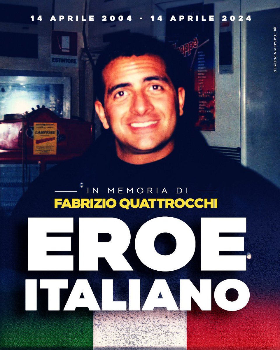 Vent’anni fa Fabrizio Quattrocchi veniva barbaramente ucciso in Iraq per mano dell’estremismo islamico. Ricordiamo ancora oggi il coraggio di un Grande italiano, Medaglia d'oro al Valor Civile. Eroe italiano, mai dimenticato.