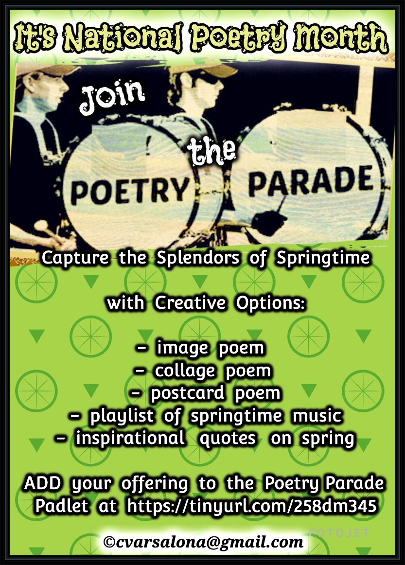 The Poetry Parade #Padlet is open for poets, photographers, artist, writers, friends Check it out for a global treat during #NationalPoetryMonth at padlet.com/cvarsalona/joi…