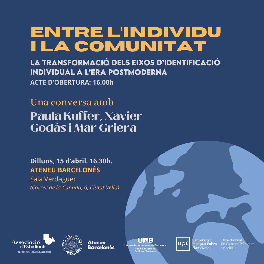 Demà serà un plaer conversar amb la @paulakuffer i la @GrieraMar al voltant de l'imaginari de l'individualisme, de la mà de @ciclededialegs. A les 16 a l'Ateneu Barcelonès.