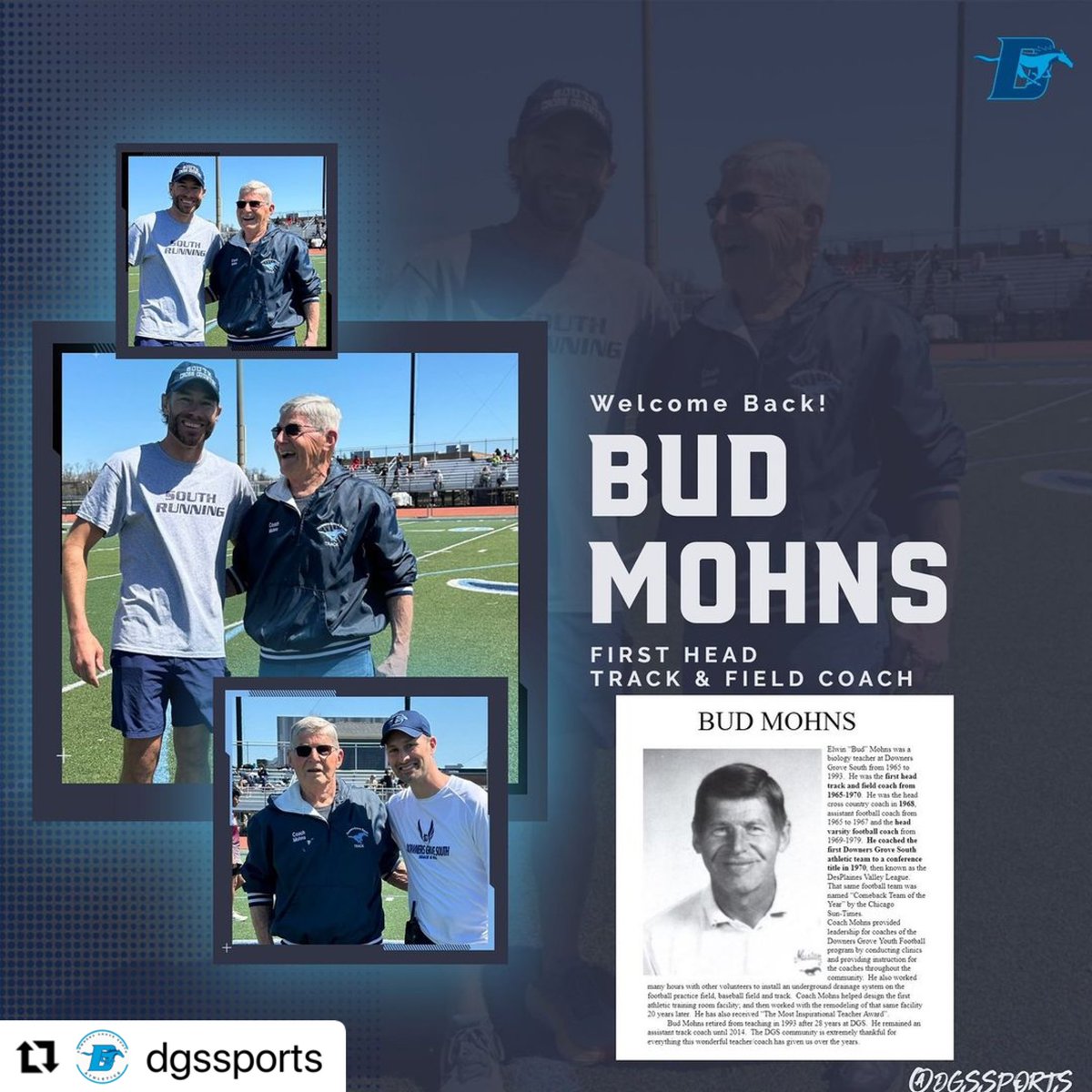 DGSouthTF's tweet photo. We were tremendously privileged to honor Coach Mohns at our invitational! Coach Mohns was the first boys DGS track & field coach. Between teaching and coaching, he devoted 50 years to our community.
#mustangforever🐎 https://t.co/zyasVm4yVv