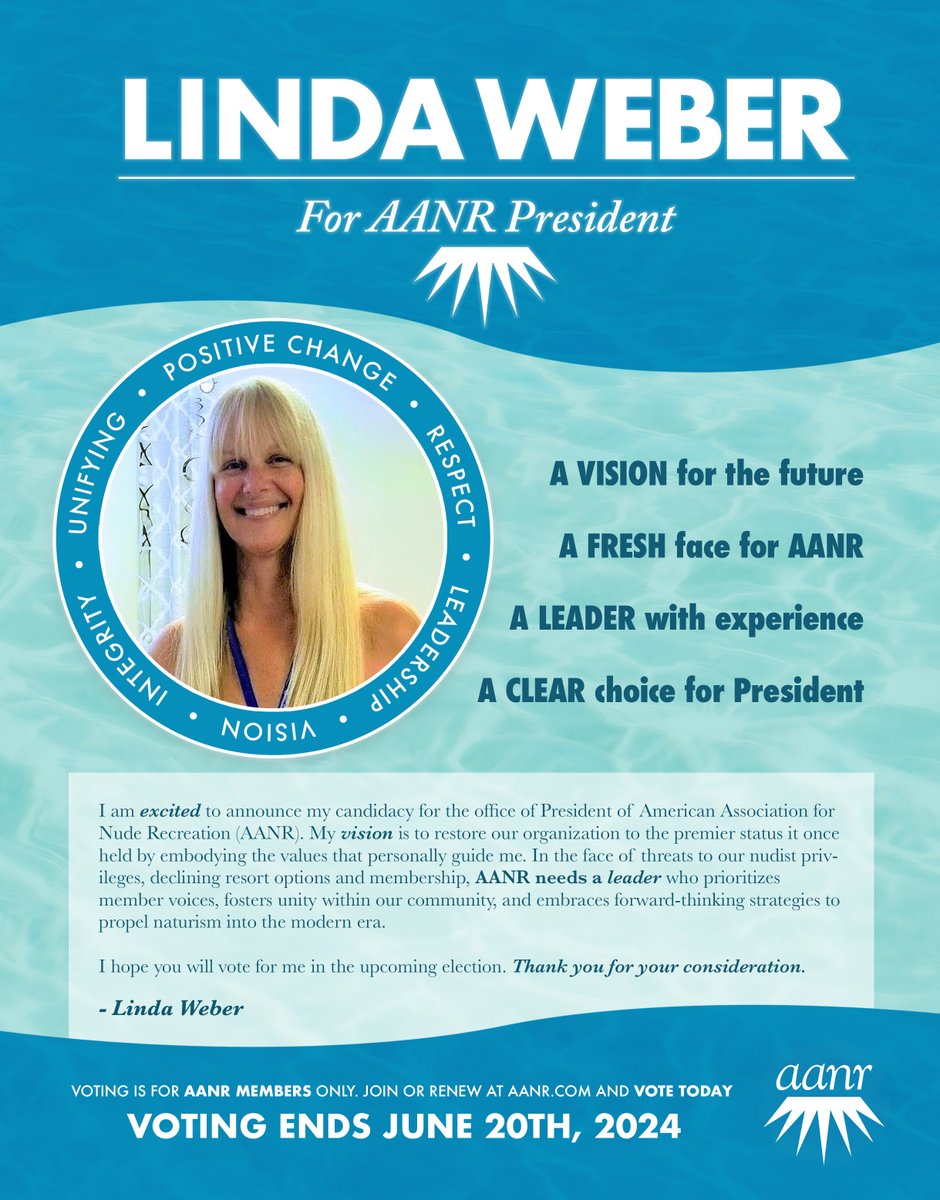 It's clear that @aanr_nudism hasn't changed to meet the changing landscape of nudism, and that people in key positions want to keep it that way. If you don't feel represented nor want your grandparent's version of nudism, I would appreciate your vote. #VoteLindaforAANRPresident