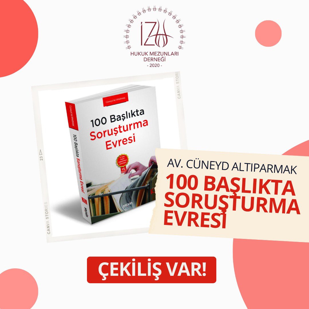 Çekiliş Var!

Av. Cüneyd Altıparmak'ın 100 Başlıkta Soruşturma Evresi kitabını 5 arkadaşımıza yazarından imzalı olarak hediye ediyoruz. 

Çekilişe katılmak için:
- Bu paylaşımı beğen ve yeniden paylaş,
- <a href="/izuhukukmd/">İZÜ Hukuk Mezunları Derneği</a> ve <a href="/cuneyd6parmak/">Cüneyd Altıparmak</a> hesaplarını takip et.

Son gün: 20 Nisan