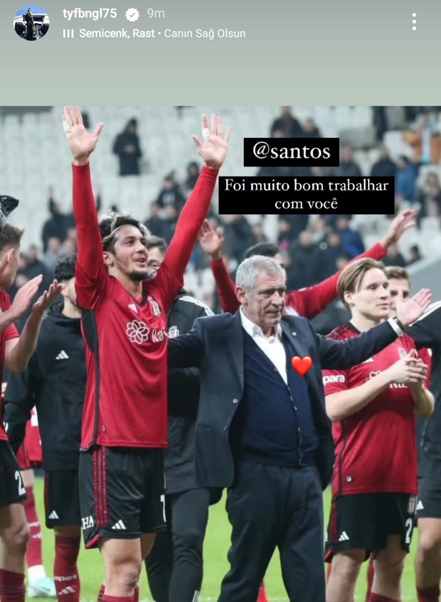 👋🏻 Beşiktaşlı Tayfur Bingöl, Fernando Santos'a attığı story ile veda etti. 💬 'Seninle çalışmak harikaydı.' 📲 Futbolcu fotoğrafın arkasına 'Semicenk - Canın Sağ Olsun' şarkısını koydu.