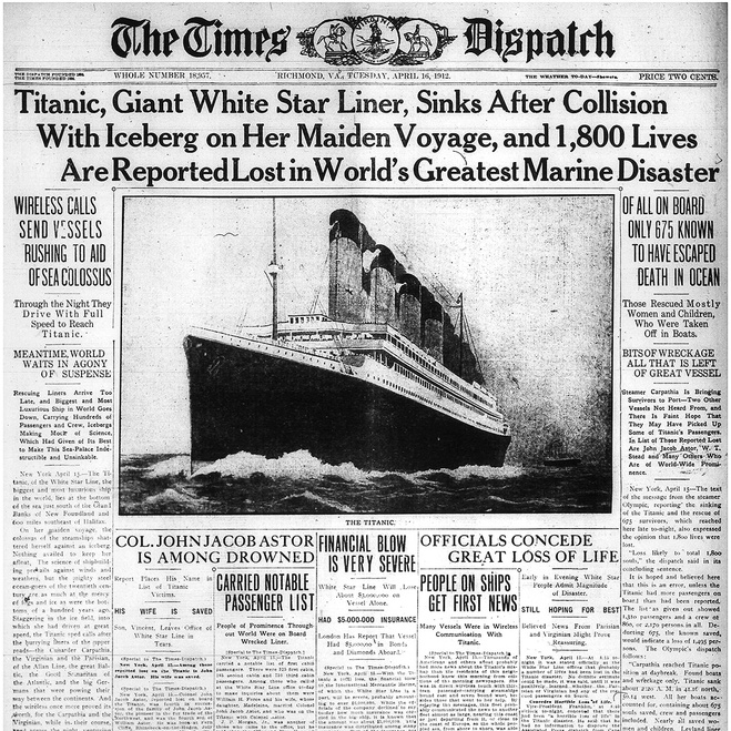 #OTD 1912: At about 2:20 am, the #Titanic sank into the North Atlantic, killing more than 1500 people. Captains of industry John Jacob Astor IV, Benjamin Guggenheim, Macy's co-owner Isidor Straus, and his wife, Ida, who refused to leave his side, all perished. #maritimedisaster